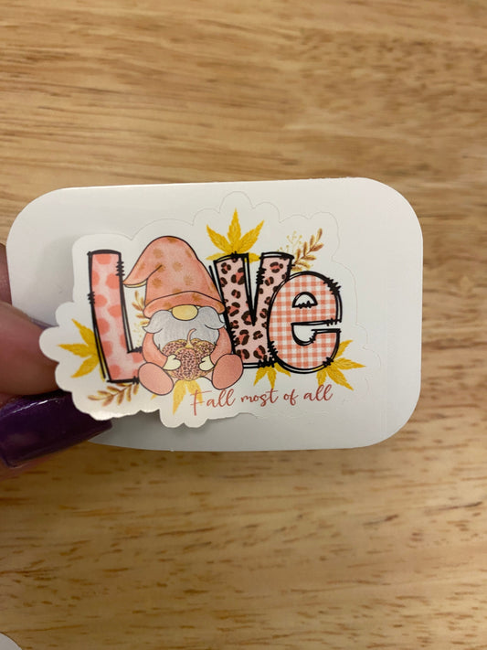 Pink Fall Love Gnome STICKER, Autumn Sticker, Holographic option, Cute Love Design Sticker, Gnomie Love design