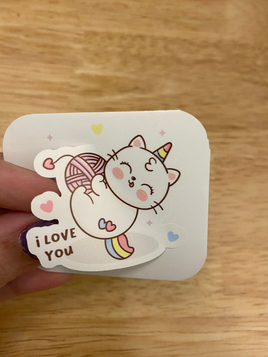 I love you Unicorn Cat STICKER, unicorn Sticker, Holographic option, Cute Cat Unicorn Design Sticker, Love Sticker, Love unicorn cat