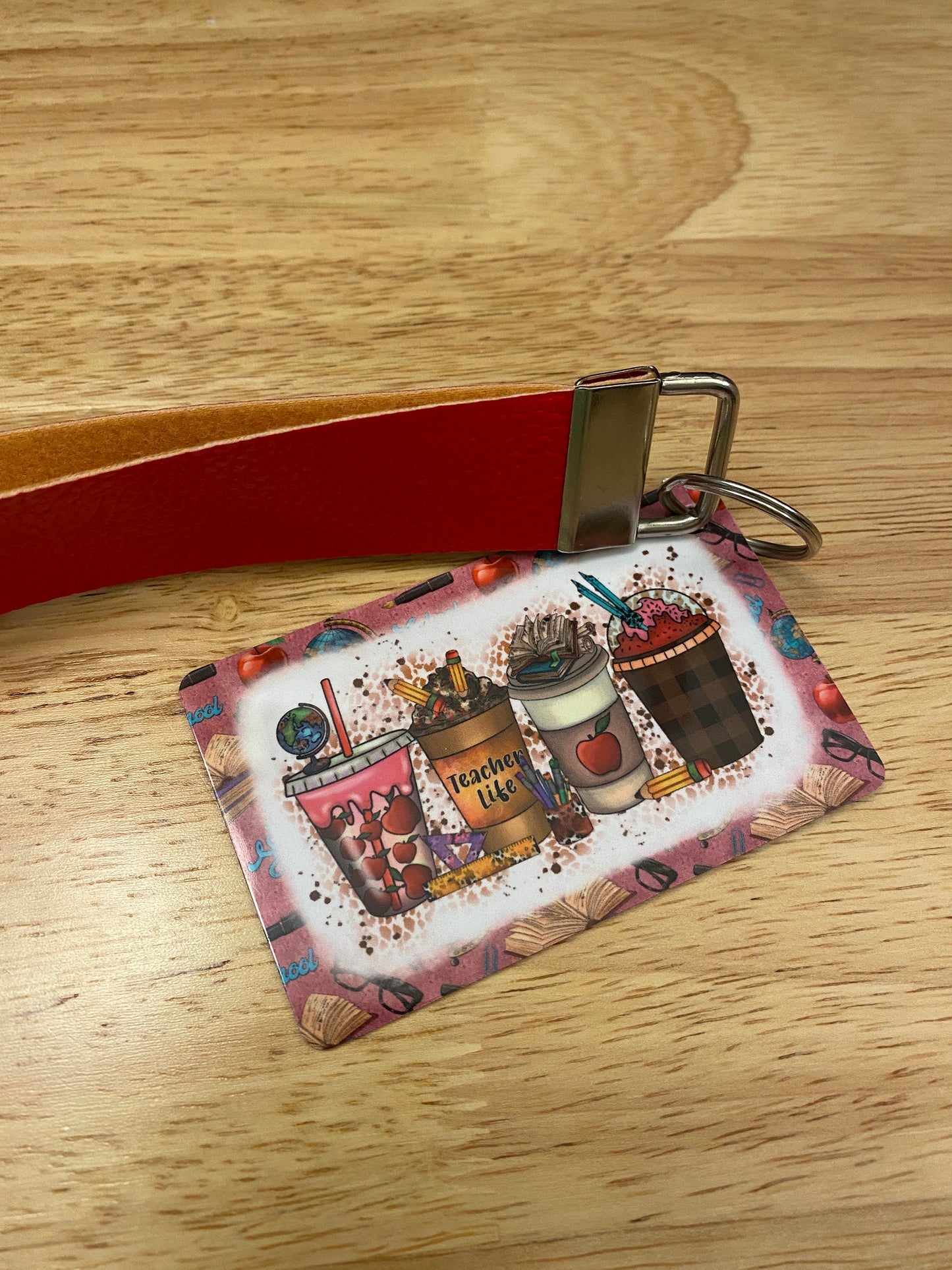 Teacher Life Key Chain with Red Faux Leather strap Double Sided