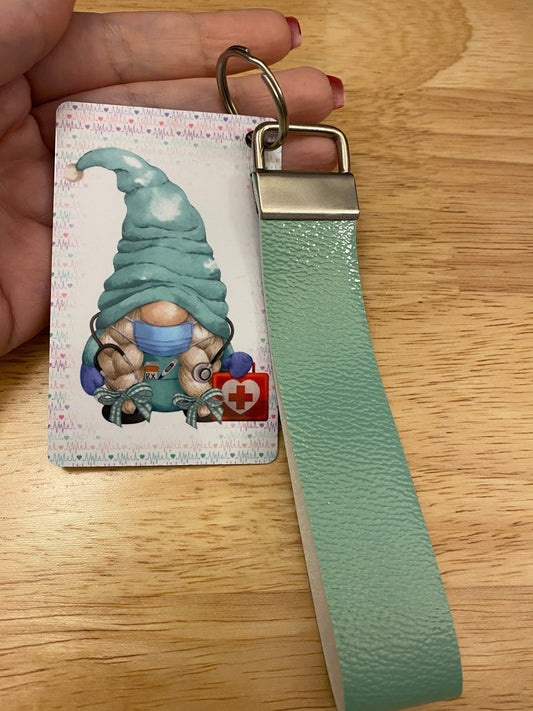 Gnome Nurse Key Chain with Mint Faux Leather strap Double Sided