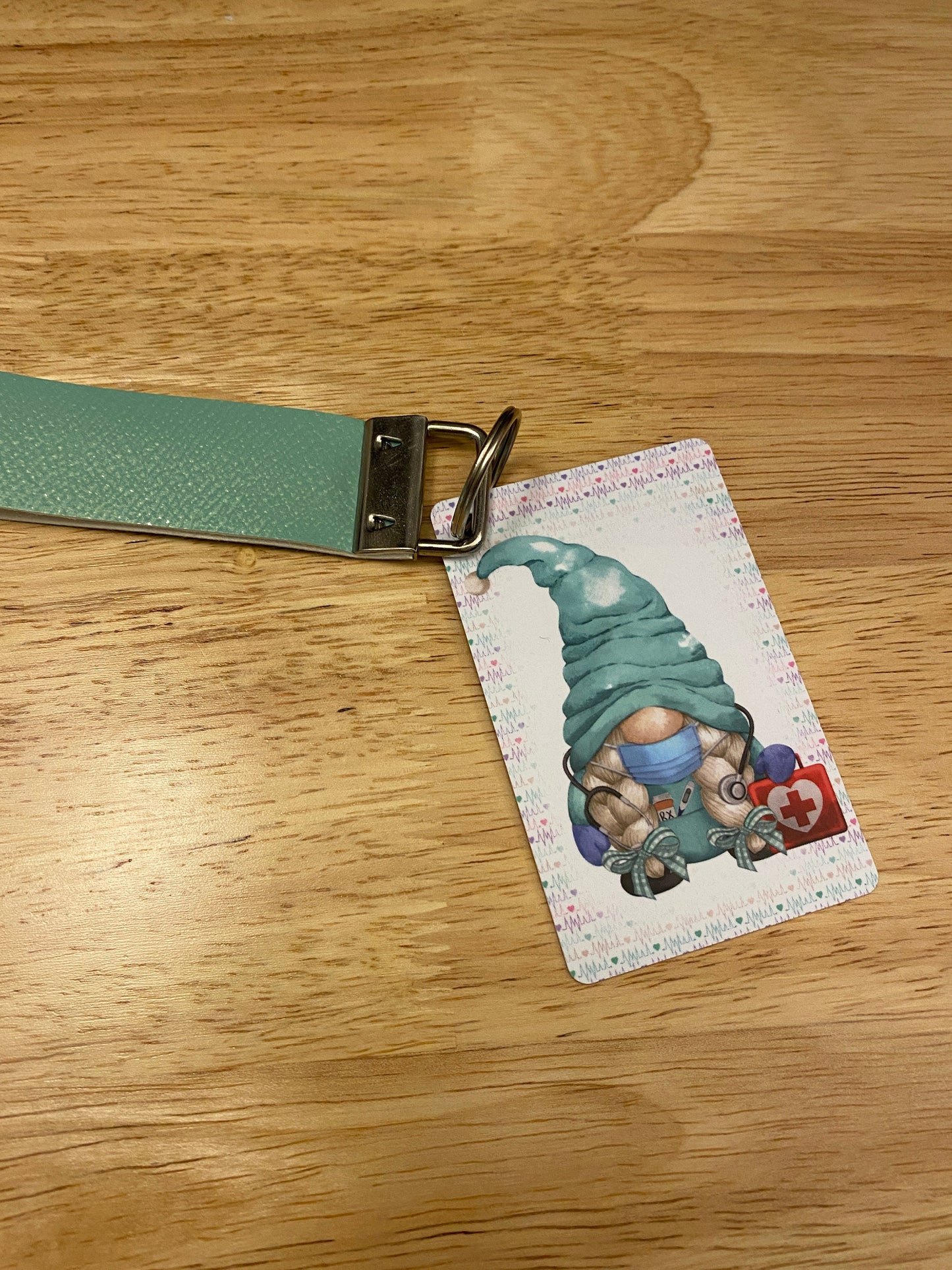 Gnome Nurse Key Chain with Mint Faux Leather strap Double Sided