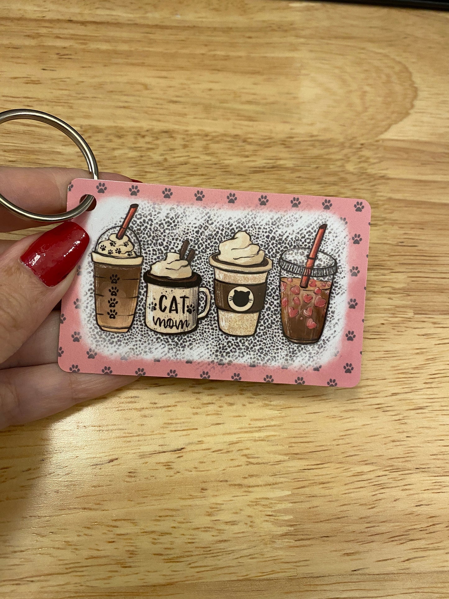 Cat Mom Coffee Lover Key Chain Double Sided