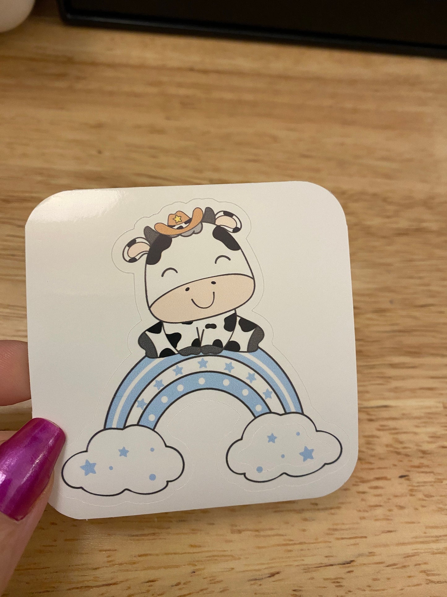 Spotted Cow on the clouds Sticker, Cow in the clouds Sticker, Cute Cow Sticker, Cow with rainbow clouds