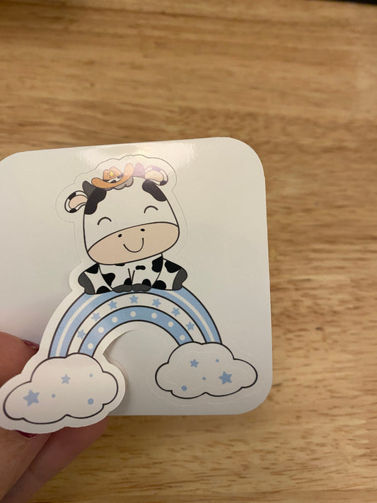 Spotted Cow on the clouds Sticker, Cow in the clouds Sticker, Cute Cow Sticker, Cow with rainbow clouds