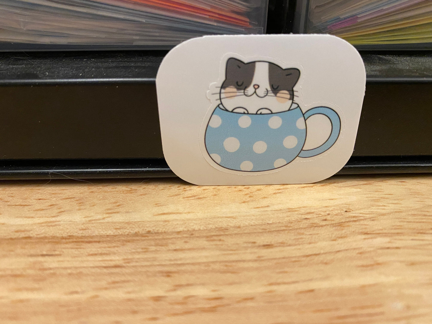 Blue Teacup Kitty STICKER, Cat in cup Sticker, Holographic option, Cute Cat Design Sticker, Coffee Cup cat sticker