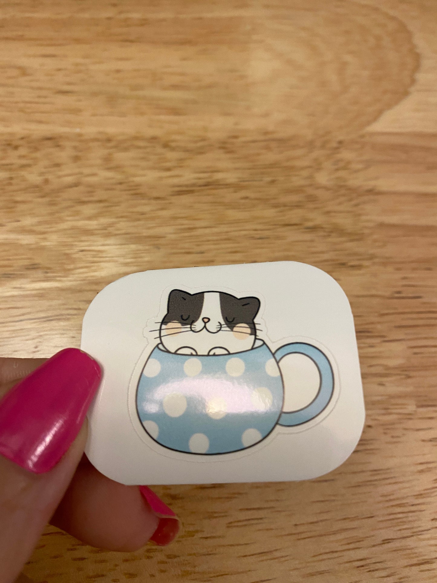 Blue Teacup Kitty STICKER, Cat in cup Sticker, Holographic option, Cute Cat Design Sticker, Coffee Cup cat sticker
