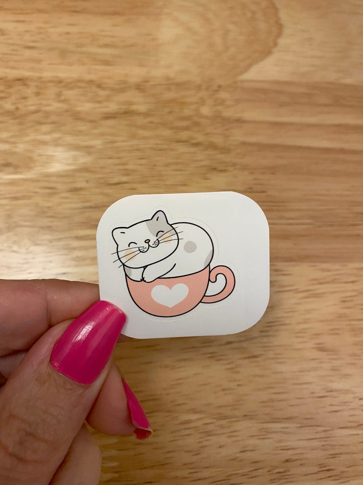 Pink Cup with Heart Kitty STICKER, Cat in cup Sticker, Holographic option, Cute Cat Design Sticker, Coffee Cup cat sticker