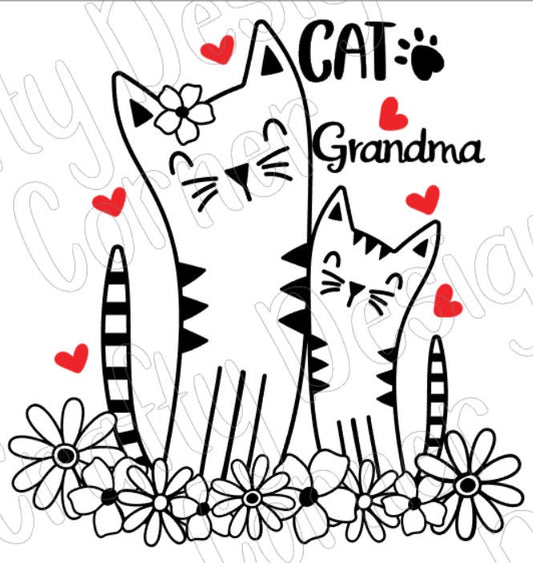 Cat Grandma Download Png / JPeg Design, Cat and Kitten with flowers Clipart, Pretty Cat with kitten clipart, Cat with baby