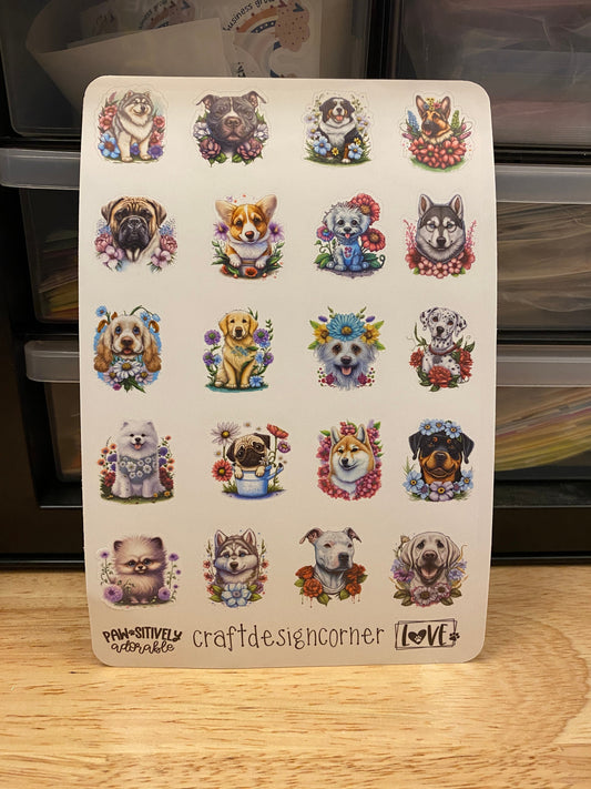 Sheet of Cute Dogs in Flowers Stickers
