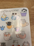 Sheet of Cute Teacup Cat Stickers, Cat Sticker sheet, Cat in tea cups sticker sheet, Cute Cat Sticker Sheet, tea cup cat stickers sheet