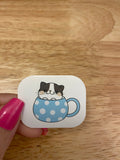 Blue Teacup Kitty STICKER, Cat in cup Sticker, Holographic option, Cute Cat Design Sticker, Coffee Cup cat sticker