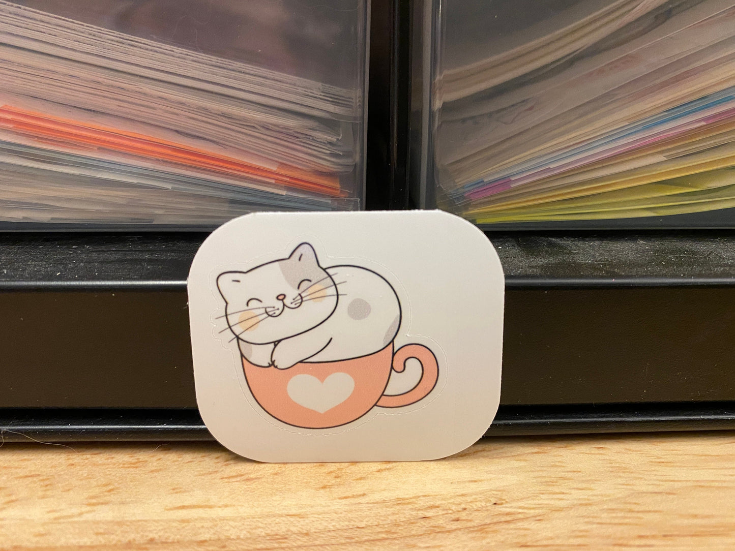 Pink Cup with Heart Kitty STICKER, Cat in cup Sticker, Holographic option, Cute Cat Design Sticker, Coffee Cup cat sticker