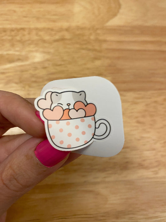 Poka dotted Cup with Hearts Kitty STICKER, Cat in cup Sticker, Holographic option, Cute Cat Design Sticker, Coffee Cup cat sticker