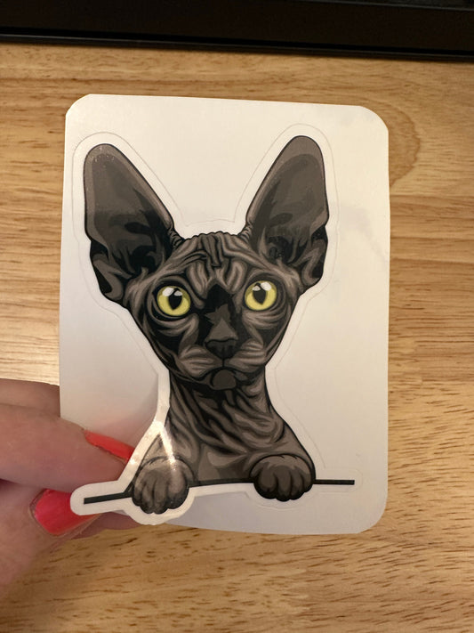 Black Sphynx Cat Sticker, Hairless Grey Cat Sticker, Holographic option, Sphynx Kitty, Black hairless Sticker Cat