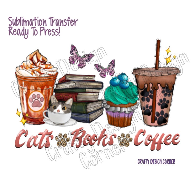 RTP Cat and Coffee Lineup Sublimation Transfer, Coffee Books Transfer, Ready to Transfer Sublimation