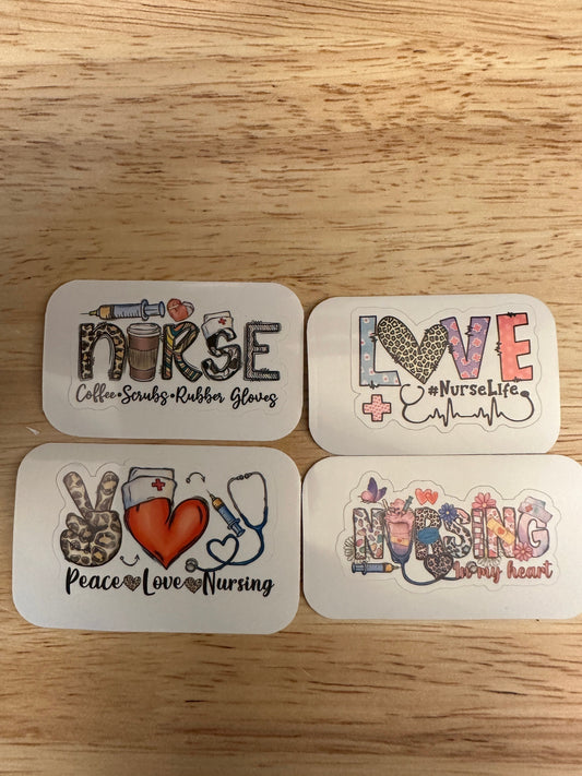 Set of 4 Nurse Stickers, Love Nurse Life sticker, Nursing inmt heart sticker, Peace Love Nursing sticker, Coffee Scrubs Rubber Gloves Sticke