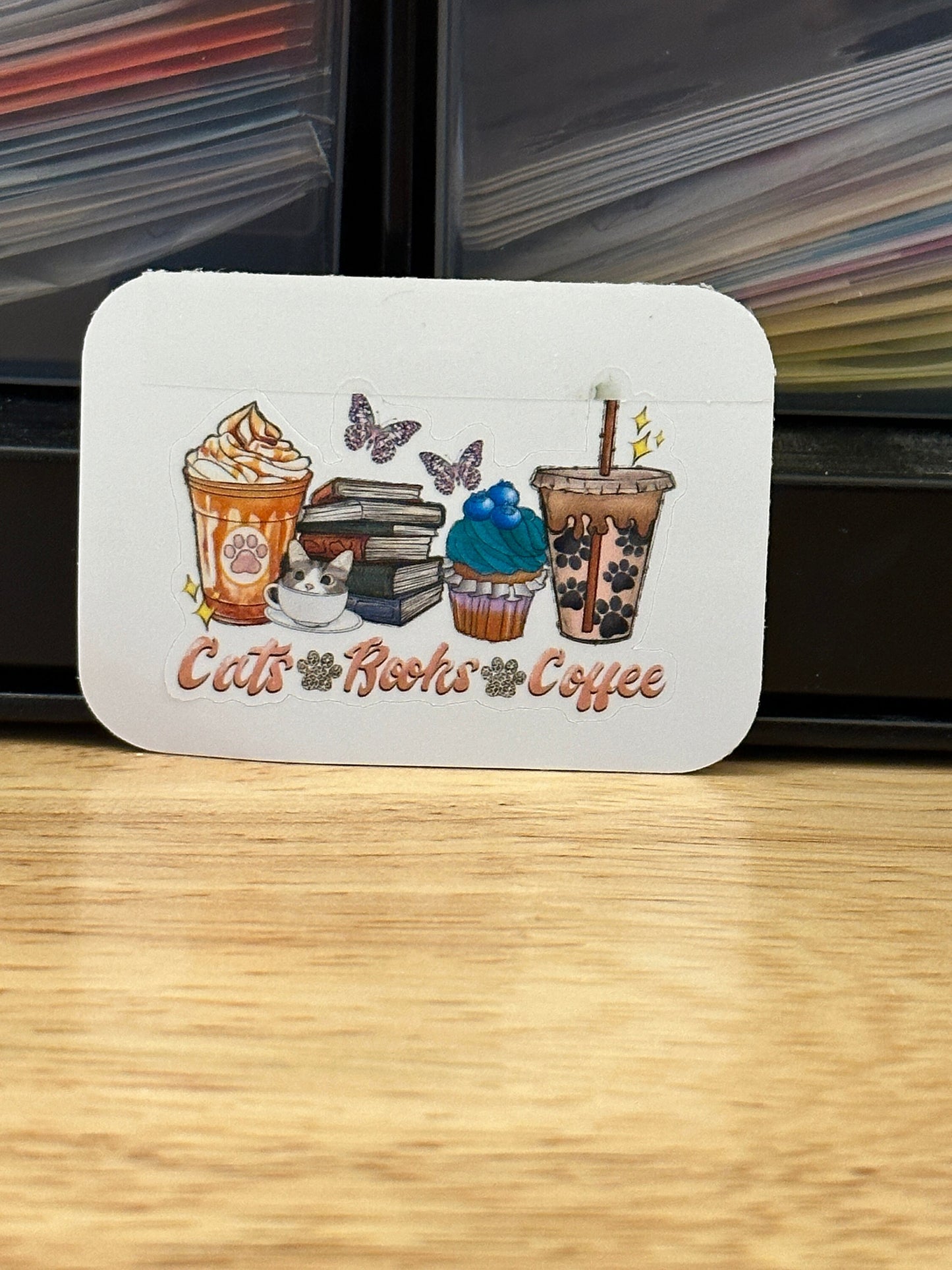 Cats Books and Coffee Lineup sticker, Coffee books and Cats line up, cats and coffee line up sitcker, cats books and coffee sticker