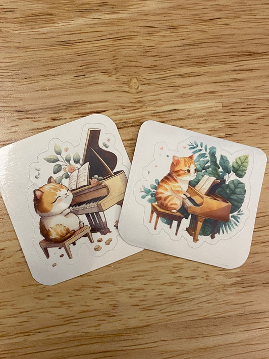 Set of two Cats playing the piano stickers, Piano playing kitty sticker, Musical Cats on Piano set