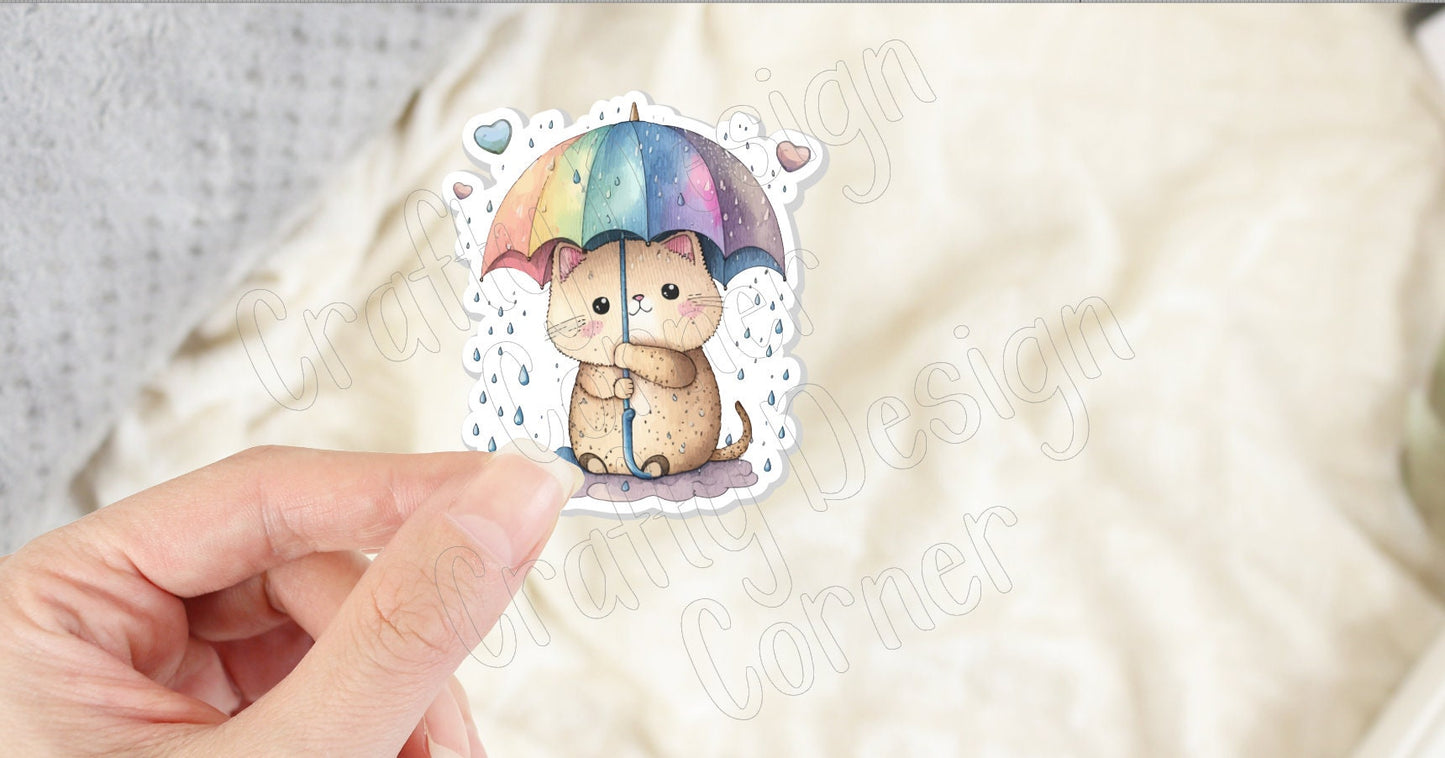 Raining Cat and Umbrella STICKER, Cute Cat sticker, Cute Cat with Rainbow brella sticker, Halographic option, Cat with Rainbow Sticker