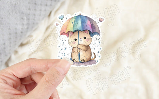 Raining Cat and Umbrella STICKER, Cute Cat sticker, Cute Cat with Rainbow brella sticker, Halographic option, Cat with Rainbow Sticker