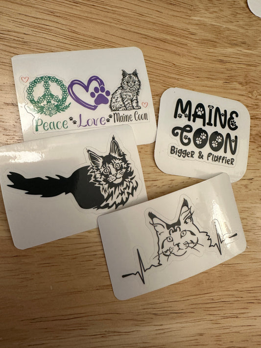 Set of 4 Maine Coon Stickers, Cat Sticker Bundle Stickers, Maine Coon Bigger and Fluffer sticker, Peace Love Maine Coon, Heart Beat Cat