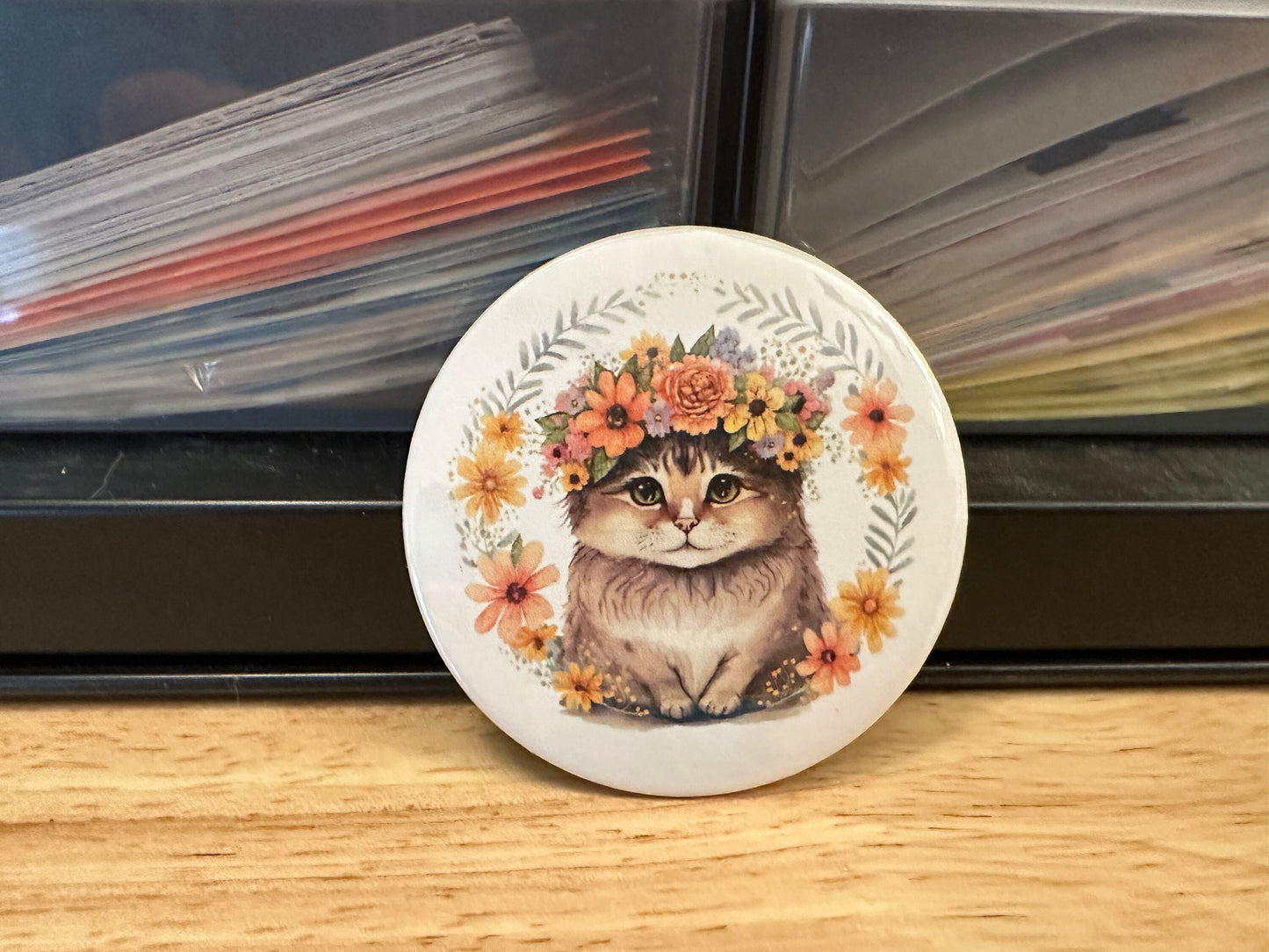 Flower Crown Cat 2.25" Button Pins or 1.25" Button options, Back Pack Decoration, Cat Pin, Cat designed pinback, Catwith flowr crown