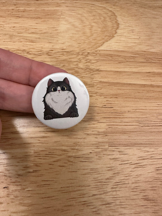 Tuxedo Cat 2.25" Button Pins or 1.25" Button options, Back Pack Decoration, Cat Pin, Cat designed pinback, Grey Tux Cat, Grey and white cat