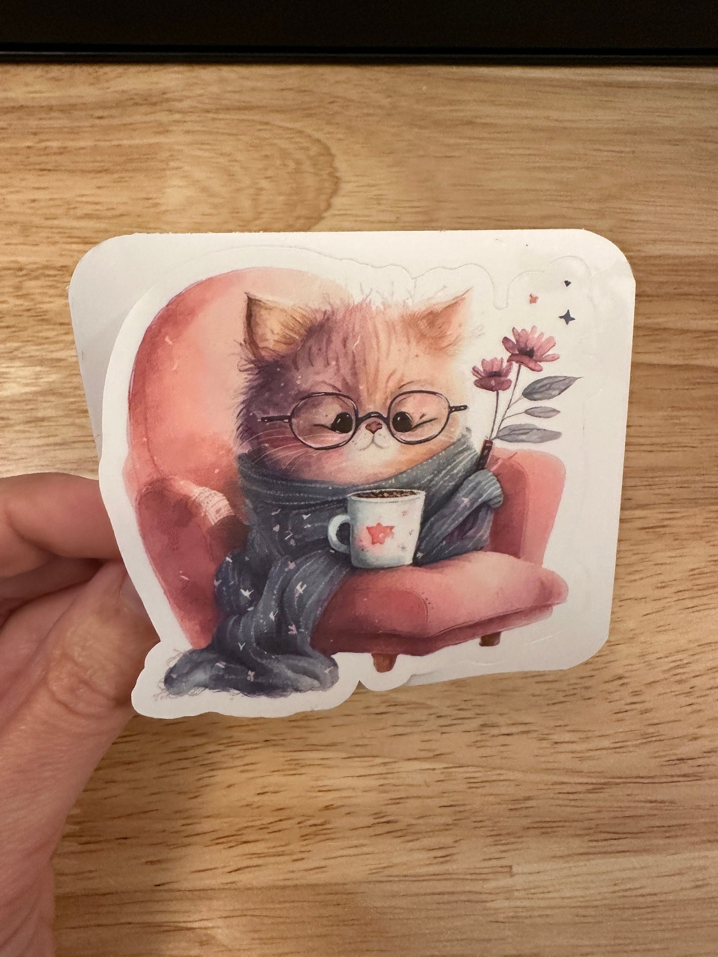 Relaxing Cat with glasses Sticker, Cute Cat with Coffee sticker, Halographic option