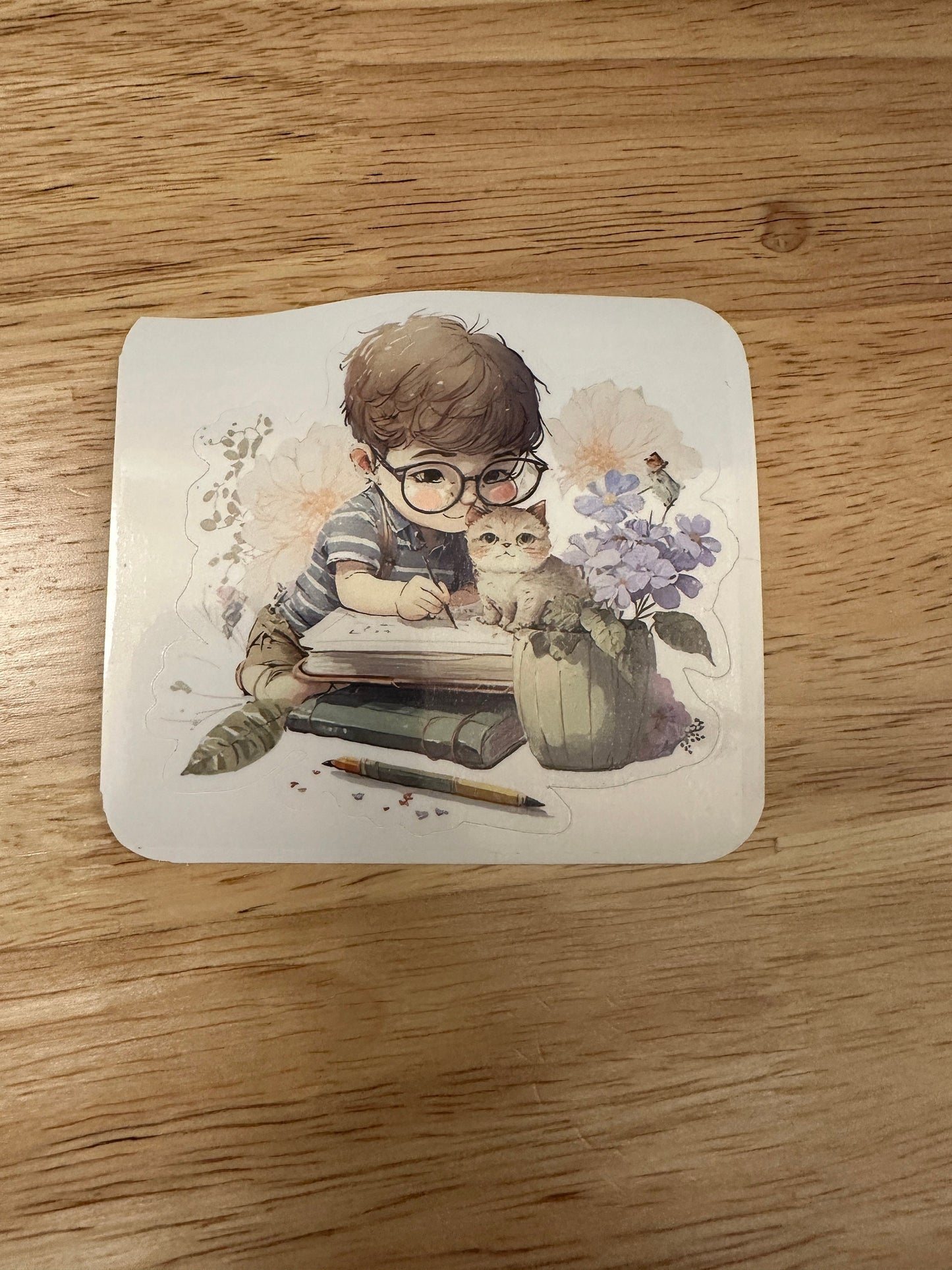 Little Boy studying with Cat Sticker, Cute Cat with Boy sticker, Holographic option, boy with books and cat, boy and cat