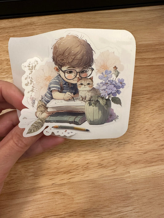 Little Boy studying with Cat Sticker, Cute Cat with Boy sticker, Holographic option, boy with books and cat, boy and cat