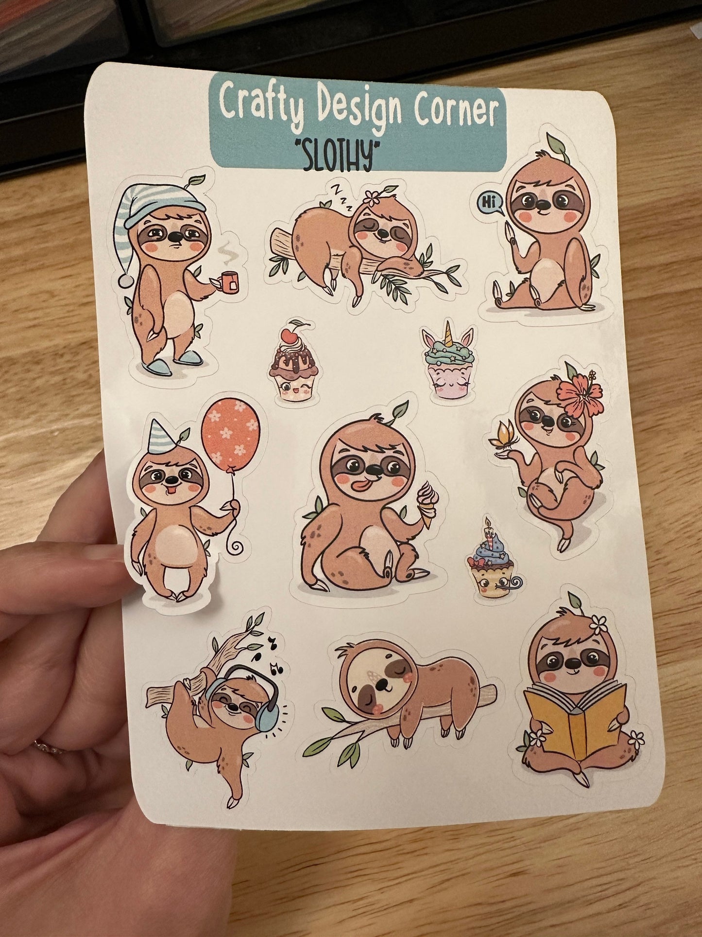 1.5" Sloth Sticker sheet, Cute Sloth Stickers, Cupcakes with Sloth Sticker Sheet, Sloth eating, sloth sleeping, Musical Sloth