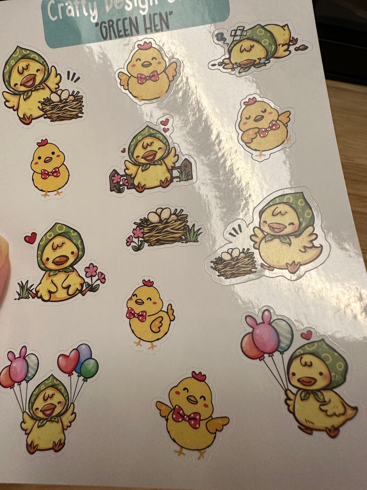 1.1" Green Hen with Yellow Chicks Sticker sheet, Cute Yellow Chicks Sheet, Mother Hen with eggs