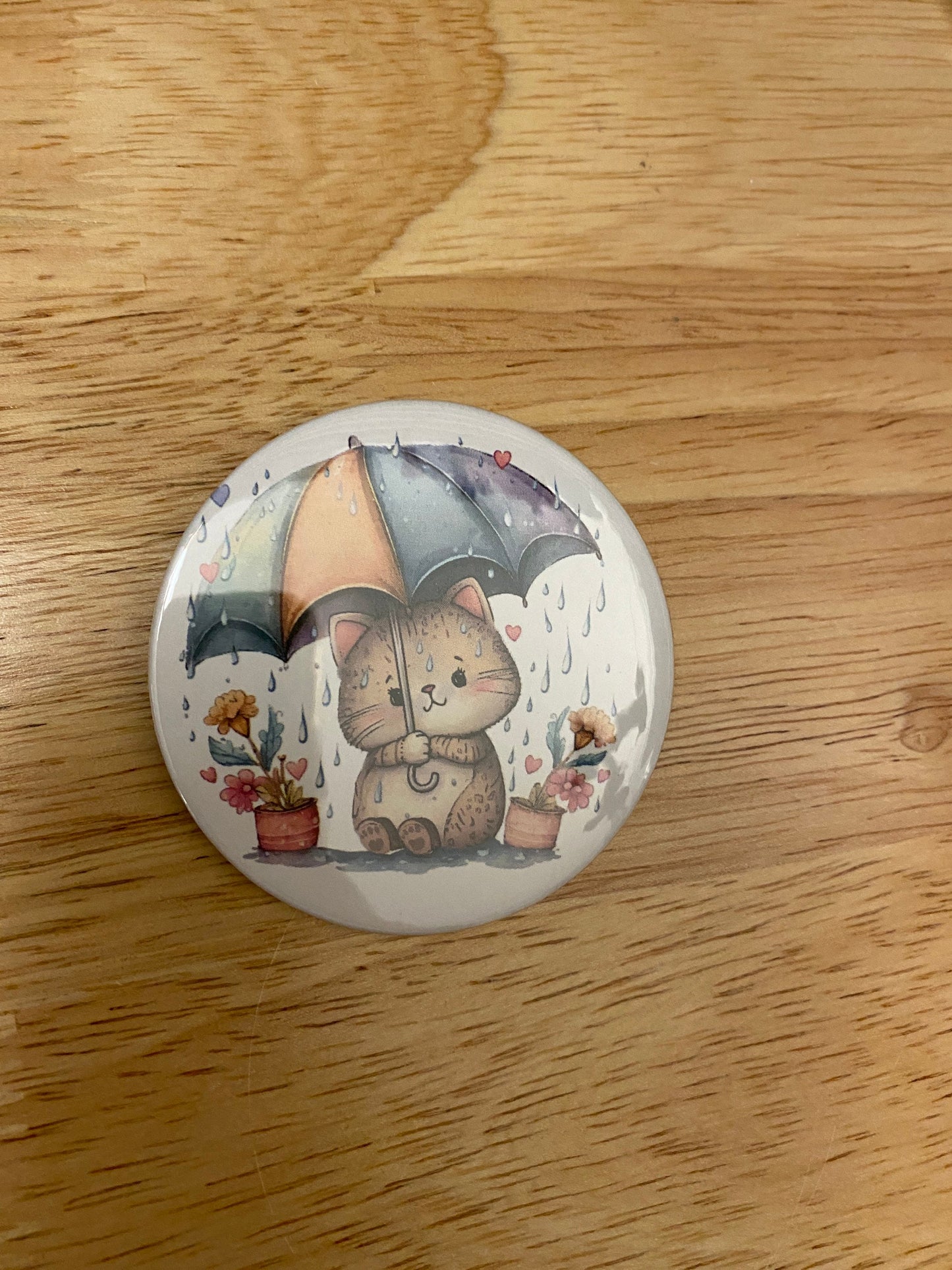 Brown Tabby Cat with Umbrella 2.25" Button Pins or 1.25" Button options, Back Pack Decoration, Cat Pin, Cat designed pinback