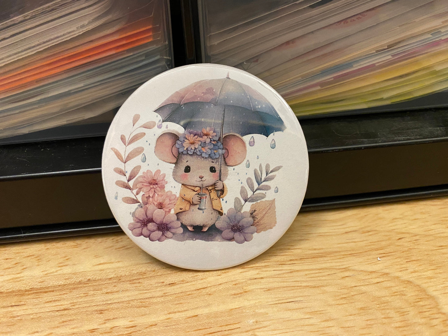 Umbrella Mouse 2.25" Button Pins or 1.25" Button options, Back Pack Decoration, Mouse Pin,  Mouse designed pinback, Mouse standing in rain