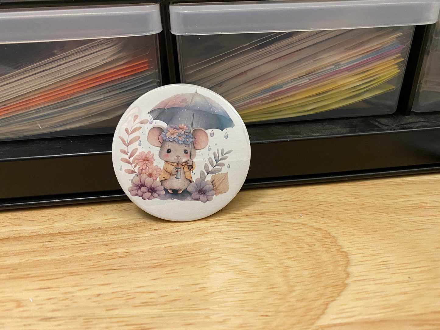 Umbrella Mouse 2.25" Button Pins or 1.25" Button options, Back Pack Decoration, Mouse Pin,  Mouse designed pinback, Mouse standing in rain