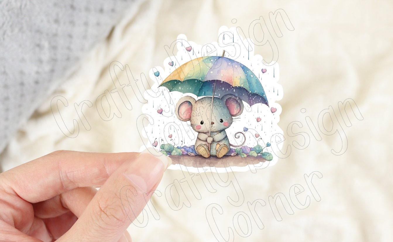 Mouse and Umbrella STICKER, Cute Mouse sticker, Cute Mouse with Rainbow brella sticker, Holographic option, Grey Mouse Sticker