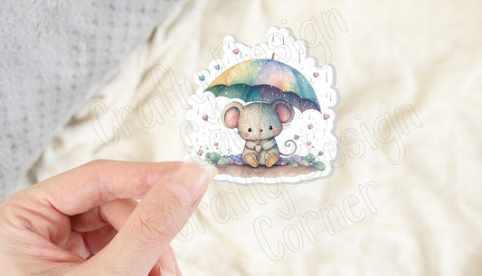 Mouse and Umbrella STICKER, Cute Mouse sticker, Cute Mouse with Rainbow brella sticker, Holographic option, Grey Mouse Sticker