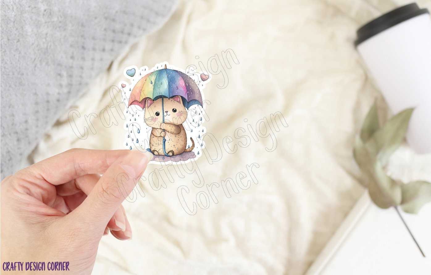 Raining Cat and Umbrella STICKER, Cute Cat sticker, Cute Cat with Rainbow brella sticker, Halographic option, Cat with Rainbow Sticker