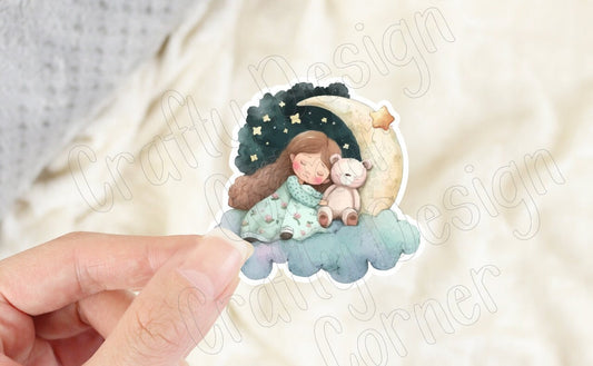 Girl sleep on Moon Sweet Dreams STICKER, Cute Sleeping on the moon sticker, Holographic option
