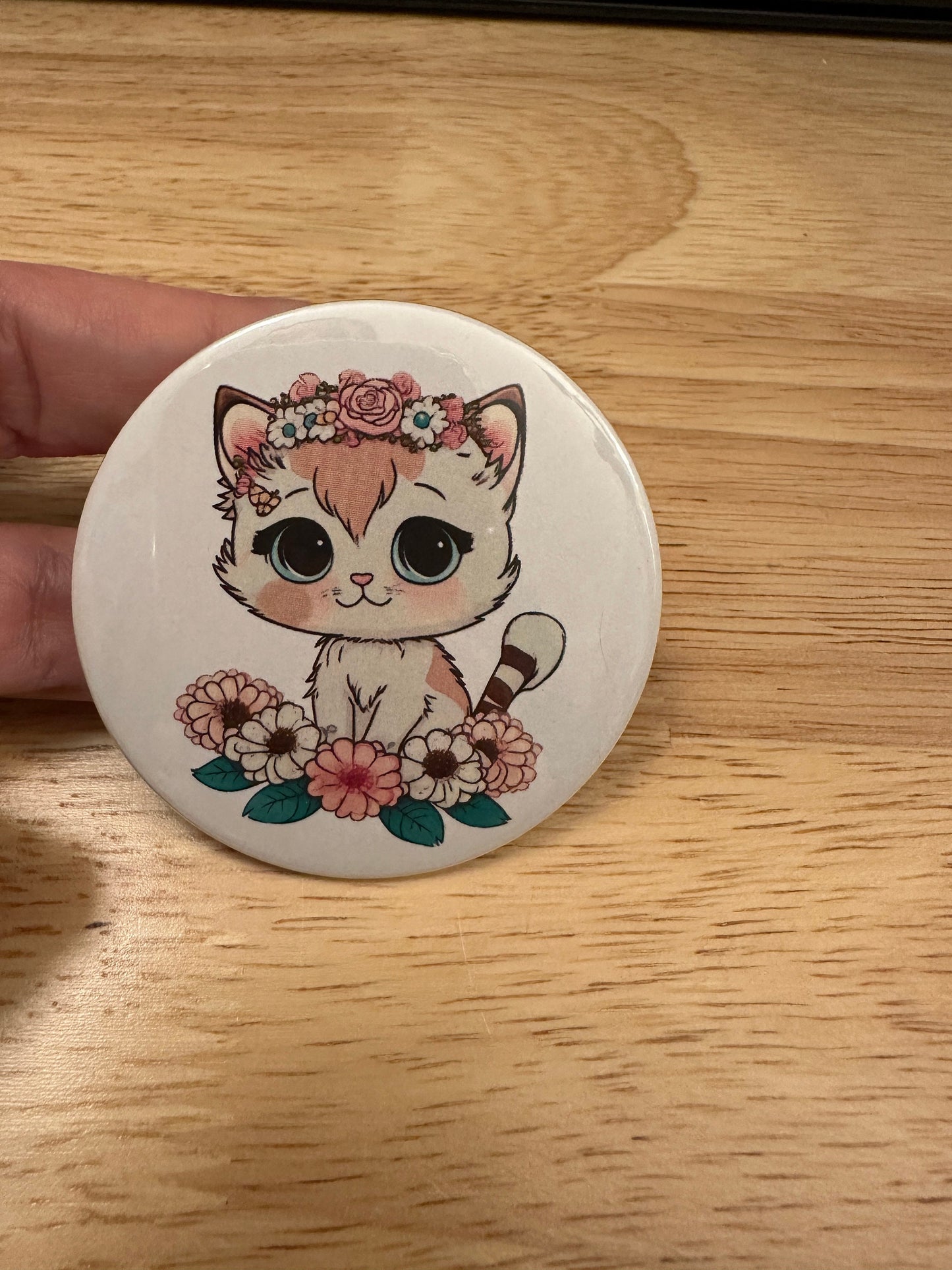 Kitty with Flowers 2.25" Button Pins or 1.25" Button options, Back Pack Decoration, Cat Pin, Cat designed pinback