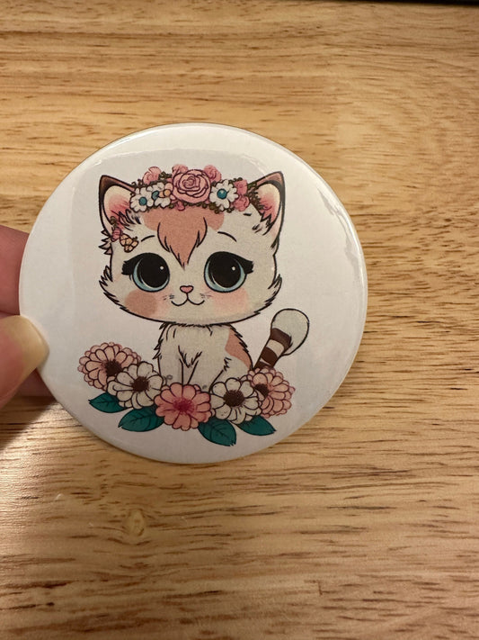 Kitty with Flowers 2.25" Button Pins or 1.25" Button options, Back Pack Decoration, Cat Pin, Cat designed pinback