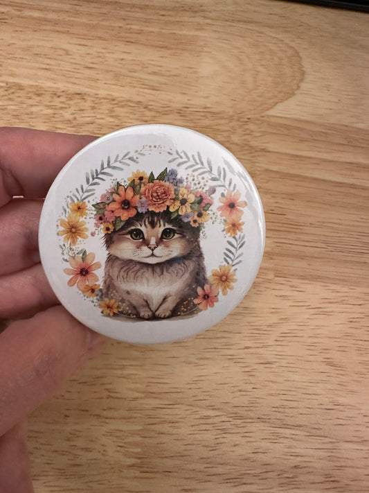 Flower Crown Cat 2.25" Button Pins or 1.25" Button options, Back Pack Decoration, Cat Pin, Cat designed pinback, Catwith flowr crown