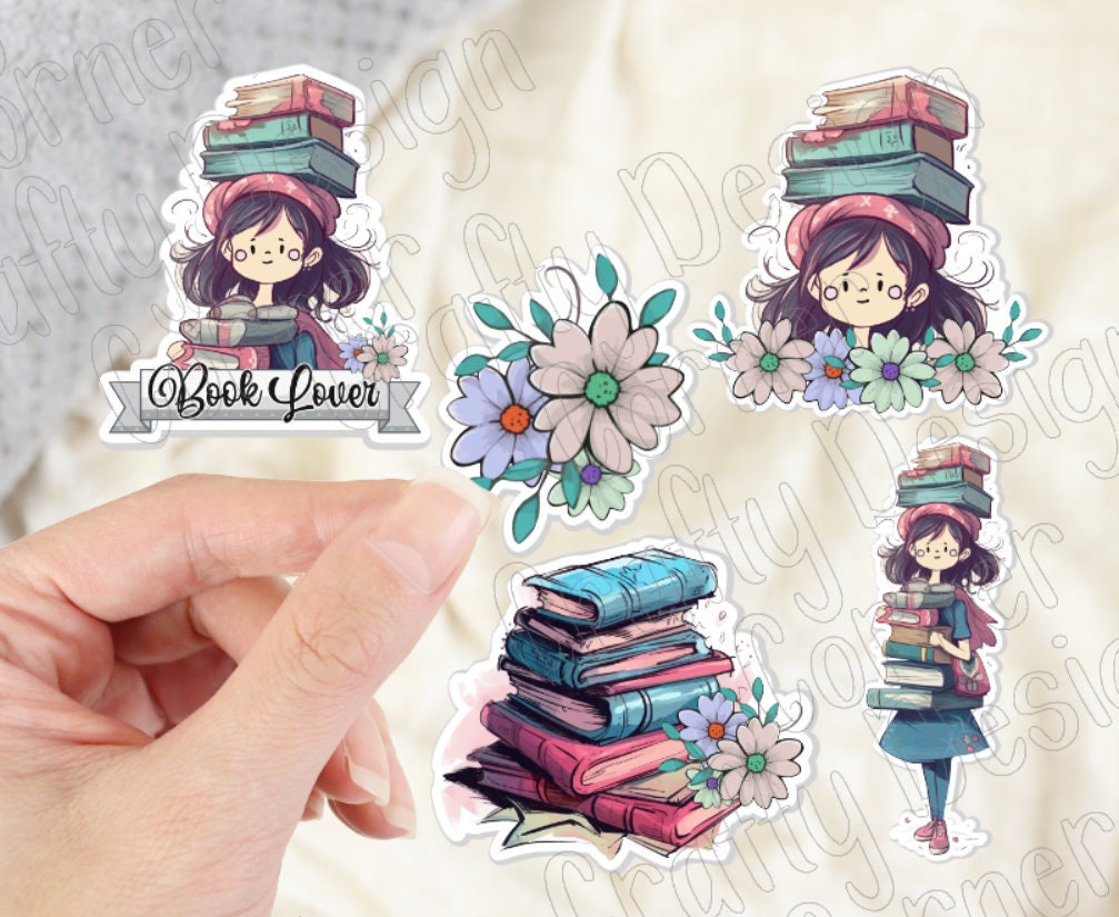 Bundle of Book Lovers Sticker Set BOPP, Books Sticker, Lady with books Stickers, Books and flowers stickers, book set of stickers
