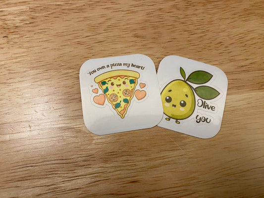 Set of 2 Food Lovers Stickers, Olive you Stickers, Bundle of two love stickers, BOPP Label Paper, You own a Pizza of my heart sticker