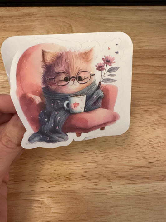 Relaxing Cat with glasses Sticker, Cute Cat with Coffee sticker, Halographic option