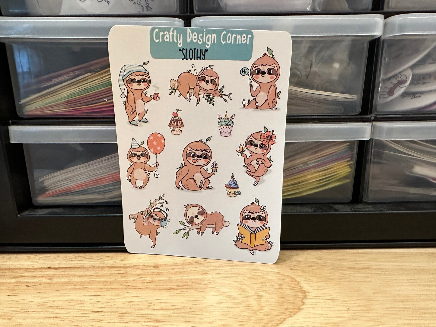 1.5" Sloth Sticker sheet, Cute Sloth Stickers, Cupcakes with Sloth Sticker Sheet, Sloth eating, sloth sleeping, Musical Sloth