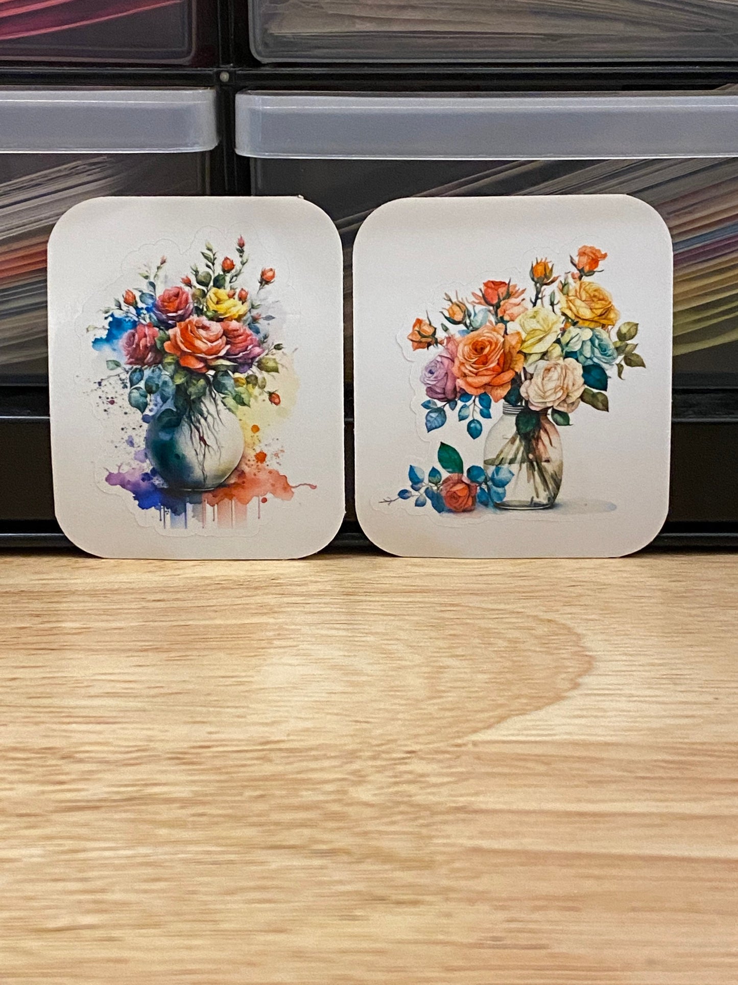 Set of 2 Rose Vases Stickers, Multi colored Rose Stickers, Bundle of two roses vase stickers, BOPP Label Paper