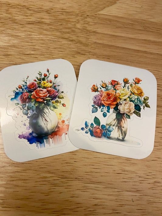 Set of 2 Rose Vases Stickers, Multi colored Rose Stickers, Bundle of two roses vase stickers, BOPP Label Paper