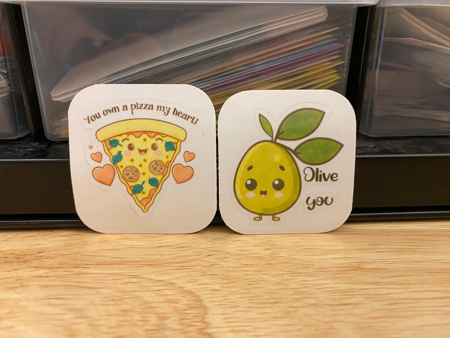 Set of 2 Food Lovers Stickers, Olive you Stickers, Bundle of two love stickers, BOPP Label Paper, You own a Pizza of my heart sticker