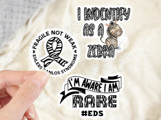 Bundle of 3 EDS Awareness Zebra Stickers, EDS Stickers Bundle, Laptop stickers, Set of 3 Elthers Danlos Syndrome Stickers